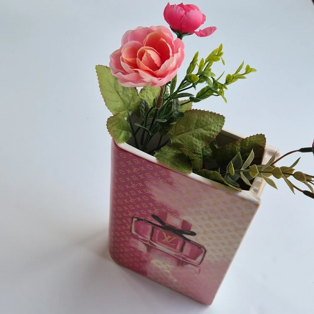 LV Themed Pink Ceramic Book Vase - Chic Home Deco